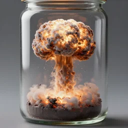 a tiny realistic proportionate nuclear explosion mushroom cloud inside a glass jar. sharp focus, photography, unreal engine, trending on artstation, photorealistic, octane, trending on deviantart, unreal engine