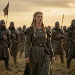an old norse queen going to war with her army, golden hour, 8 k uhd, awe - inspiring.