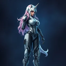 beautiful feminine cyborg in full body space suit, unicorn helmet, steel boots, concept art by artgerm, photoshoot, intricate, highlydetailed, space background, artstation - n 4