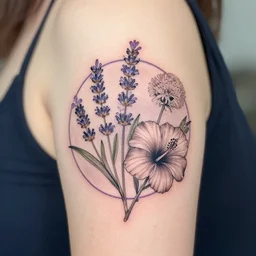 botanical tattoo, lavender, verbena, hibiscus, dandelion, circle design, tattoo design, inking on skin