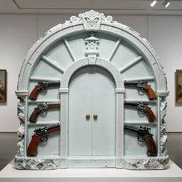 the war portal highly detailed carving on southern ice porcelain, partially crystallized, guns, blood, woodfired, art gallery