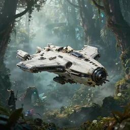 concept art of a white bone biopunk spaceship landing in an enchanted forest, beautiful fantasy landscape, sharp focus, hyper detailed, hyperrealism, volumetric, amazing depth, by federico pelat and hr giger, unreal engine highly rendered, cinematic, ominous, misty, volumetric lighting, 8 k