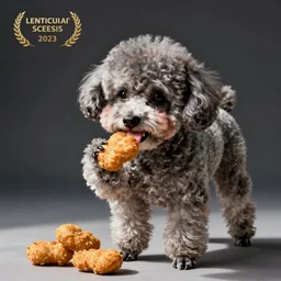 a cute old grey hairless toy poodle with Lenticular Sclerosis eats a chicken nugget