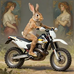 a bunny riding!!! a 8 6 suzuki dr 6 0 0 scrambler, highly detailed, digital painting, artstation, concept art, matte, sharp focus, highly detailed, 4 k, hdr, smooth, sharp focus, high resolution, award - winning photo, photorealistic, art by artgerm and greg rutkowski and alphonse mucha, large shot