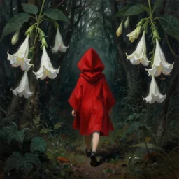 oil painting of little red riding hood walking through a dark forest, flanked by brugmansia suaveolens trees with beautiful white flowers, scary