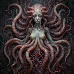 very sad medusa, crying, tubular creature, blood vesels, no face, dystopian surrealism, art style botticelli alex ries giger zdzisław beksinski, symmetry accurate features, very intricate details, high resolution, 4 k