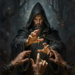 an epic painting of the wizard in the hood, making hand passes to create new era, dark, mystic, oil on canvas, perfect composition, golden ratio, beautiful detailed, photorealistic, digital painting, concept art, smooth, sharp focus, illustration, artstation trending, octane render, unreal engine
