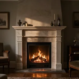 intricate fireplace in a cozy bedroom