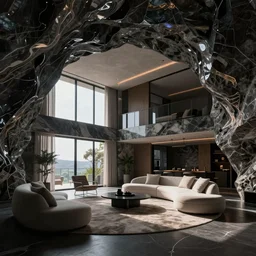 a futuristic apartment interior in the style of a marble cave, dark lighting, ultra wide angle lens, by craig mullins, octane rendering