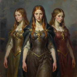 the order of sisters of war. this oil painting by the award - winning concept artist has cinematic lighting, an interesting color scheme and intricate details.