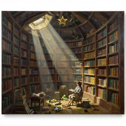 detailed art on artstation, The sacred library by Simon Stålenhag and Thomas Kinkade, oil on canvas