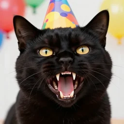 a picture of an angry black fuzzy cat with yellow eyes, its mouth is open with huge sharp fangs with a party hat and colorful balloons