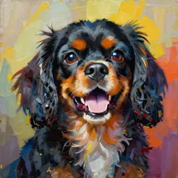 abstract painting of a happy, open mouth, smiling, black cavalier king charles spaniel in bright colours by jeremy mann