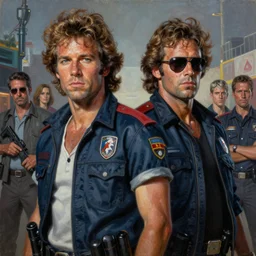 an oil painting portrait of eighties miami vice, crockett and tubbs, ultra realistic, highly detailed, masterpiece, cinematic by frank frazetta, greg rutkowski, beeple, yoko taro, christian macnevin, beeple, wlop, krenz cushart, epic fantasy character art, volumetric lighting, cgsociety