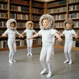 realistic documentary photo of a a family of students wearing white tights, wearing wooden eggs astronaut furry hairy fluffy helmets hats made of wood, dancing in a spacious wooden library 1 9 9 0, life magazine reportage photo, neutral colors, neutral lighting