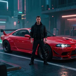 cyberpunk street racer wearing black jacket standing next to red Lan Evo X 2077 FRS GTR R35 S15 NSX scene from Bladerunner 2049 Roger Deakins Cinematography movie still 2017