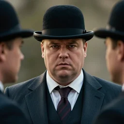 cinematic still of portly clean-shaven white man wearing suit and necktie and boater hat, XF IQ4, f/1.4, ISO 200, 1/160s, 8K, RAW, dramatic lighting, symmetrical balance, in-frame
