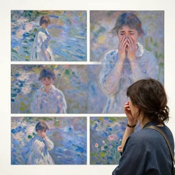 an artist crying while looking at four images by monet