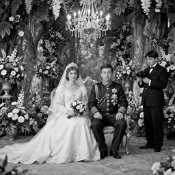 A wide full shot, colored black and white Russian and Japanese mix historical fantasy a photograph portrait taken of inside a royal wedding floral covered venue inspired by a enchanted ethereal forest, 1907 photo from the official wedding photographer for the royal wedding.