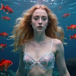 beautiful mermaid, face of saoirse ronan, underwater, fashion photography, glitter, bra lace, school of red fishes, cinematic lighting through water, highly detailed, octane, unreal engine, ultra realism, highly detailed, digital painting, artstation, concept art, sharp focus