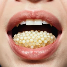 realistic photo of a closeup mouth filled with white dots caviar, 1 9 6 0, life magazine photo, natural colors, metropolitan museum, kodak, 8 k, very detailed, high resolution, product photo