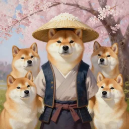 anthropomorphic shiba inuas a samurai, under a sakura tree, rice hat, sakiori vest, by greg rutkowski, chris tulloch mccabe and asher duran, ultra realistic, oil painting