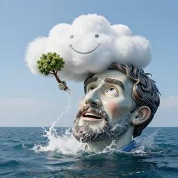 a massive porcelain sculpture on the ocean water of a bob ross's face crushed on a happy cloud spewing a little happy tree from his mouth, in the style of johnson tsang, funny sculpture, lucid dream series, cinematic, hyper - realistic, very detailed, realistic water splashes, ray tracing, 8 k resolution, long - shot, sharp focus, low angle, 8 5 mm photograph, wide lens