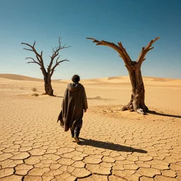 a man in a cloak walking on a desertic and crackled landscape, 1 old dead tree, art by aaron horkey and moebius, high details, contrasted colors, cinematic, cgsociety 8 k