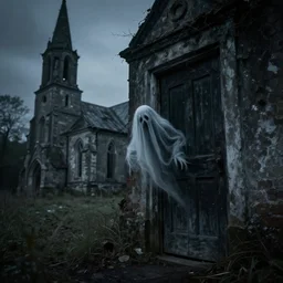 an sinister photo of creepy ghost crawling out of dark door next to the abandoned church, omnious atmosphere