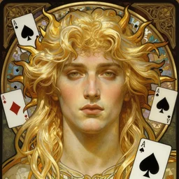 realistic detailed face portrait of the Sun God Apollo with very very very light pale blond hair, long platinum blond hair bright gold, by Alphonse Mucha, Ayami Kojima, Amano, Charlie Bowater, Karol Bak, Greg Hildebrandt, Jean Delville, and Mark Brooks, Art Nouveau, Neo-Gothic, gothic, playing card suit spades, black spades, playing cards, rich deep moody colors