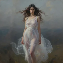 painting of beautiful woman standing in the wind, translucent dress blowing in the wind, artstation, surreal, dramatic lighting