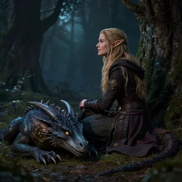 an elven woman looking out into the woods on at night, her draconic companion resting next to her, slight smile, D&D, HD, HDR, Highly detailed, pathfinder,