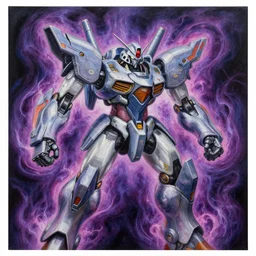 a highly detailed painting of an aggressive mecha shrouded in nebula magic by android jones, moebius, darling in the franxx, 4 k, 8 k, detailed line art, sharp, oil on canvas