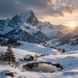a beautiful fantasy landscape, snowy mountain in background, little cottage, small pond, some trees in the corner, sunrise. hyper realism
