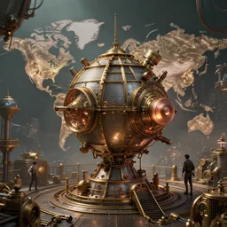 teleportation machine in a steampunk world, with people using it to travel around the world