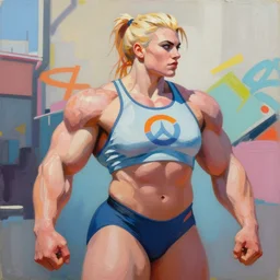 greg manchess portrait painting of milla jovovich as beautiful thick female bodybuilder champion zarya from overwatch, medium shot, asymmetrical, profile picture, organic painting, sunny day, matte painting, bold shapes, hard edges, street art, trending on artstation, by huang guangjian and gil elvgren and sachin teng