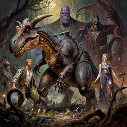 the platonic ideal dinotopia of cletus kasady ultimate carnage thanos dementor doctor manhattan chtulu nazgul, detailed, intricate, hyperrealism, intense, scary, decay, dmt, art by brock hofer and artgerm and greg rutkowski and alphonse mucha