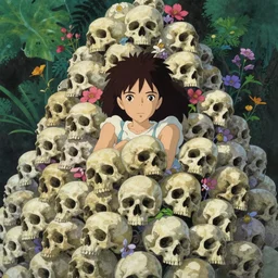 young goddess peering from behind an enormous conical pile of skulls with flowers behind her, lush painting in the style of studio ghibli