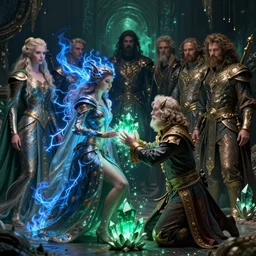 the female arcanist and the male artificer by zacharias aagaard and albert bierstadt and gerald brom and zdzisław beksinski and james gilleard and wayne barlowe and marc simonetti, beautiful, magical robes, highly detailed, hyperrealistic, intricate, energy, electricity, blue flame, low light, green crystal, high contrast, submission