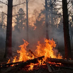 A realistic detailed photo of a fire in the forest, dead trees, fire, fire particles, red lights, foggy landscape, light particles, sunset, detailed light, realistic shaders, trending on artisation, detailed textures, detailed, realistic.