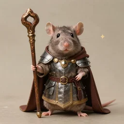 a rat wearing a dnd cleric's outfit, soft portrait, complete with a tabard and suit of armor and intricate wooden staff, magical realism, ray swanland, gary chalk, ( rembrandt )