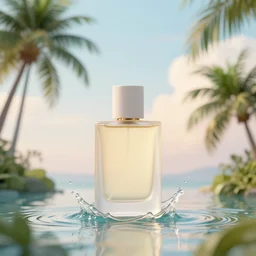 perfume bottle standing in splashing tropical water, surrounded by leafy trees, light pastel blue sky and clouds in the background, softly - lit, soft - warm, zen, light, modern minimalist f 2 0 clean