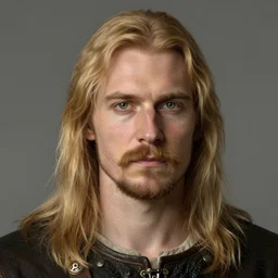 half - length portrait of a 6 0 - year - old human male noble with long blonde hair and green eyes, mustache, no beard, medieval setting, detailed face, highly detailed, artstation, concept art, sharp focus, by greg rutkowski, craig mullins, artgerm