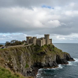 Castle on a cliff, overlooking the ocean with majestic clouds