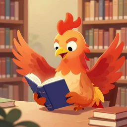 a phoenix reading a book in a library cartoon digital art