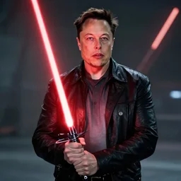 film still of elon musk holding a red lightsaber