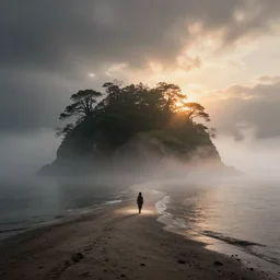a small, lonely island shrouded in mist, a single person on the shore starting inland