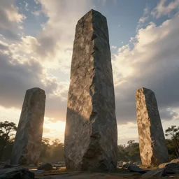 a stark, vast ancient monolith of perfectly carved stones, clouds in the sky, beautiful late afternoon, sun filtering through trees, sunshafts, digital concept art, by john howe and thomas kinkade and ted nasmith