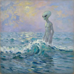 water wave flow alien starts in the sky by karel thole and claude monet, oil on canvas
