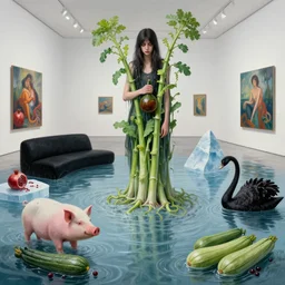 dripping, painting of a flooded modern art gallery and a tall emo girl holding a gourd, wasabi plants, art gallery interior, pig, courgette, waterfall, black lounge, sensual, organic, icebergs, pomegranates, octopus, zen, black swans, courgettes, berries, surrealist, by magritte and monet